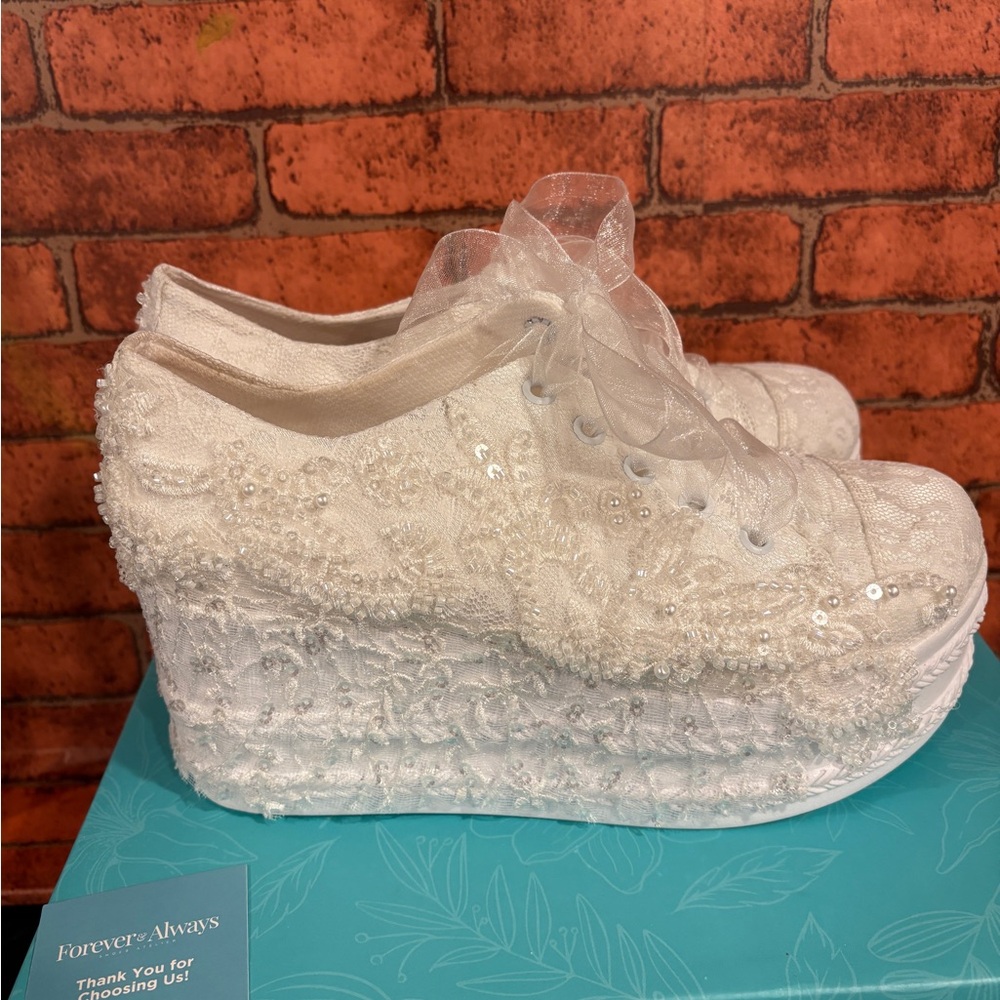 Bridal Wedding Platform Sneakers with Lace beads sheer laces Size 7.5US 38UK